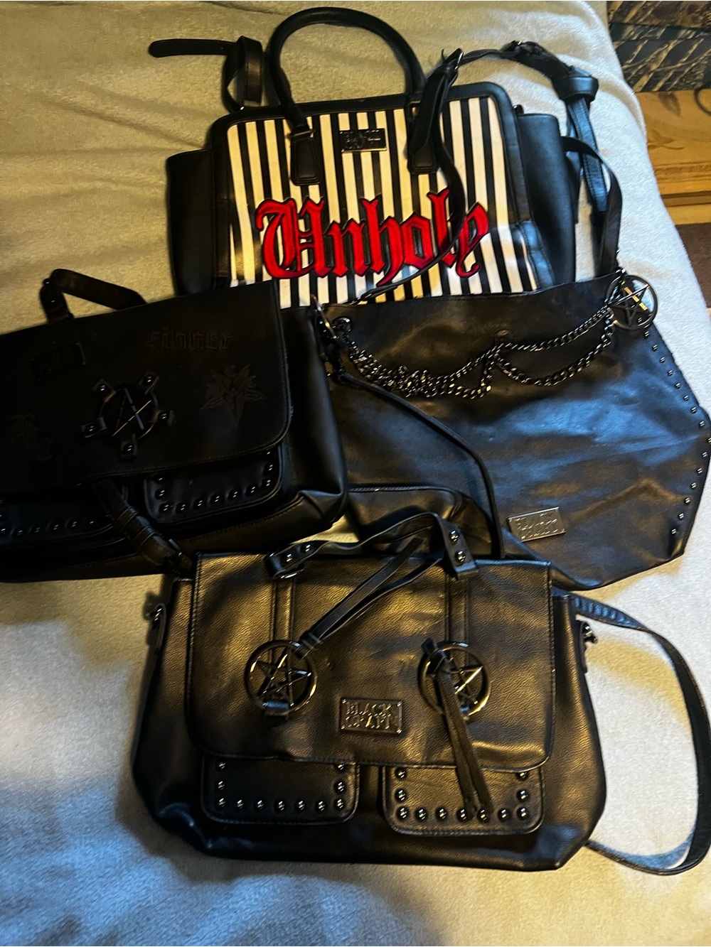 Black Vegan Leather Satchel Handbag with Star Accent